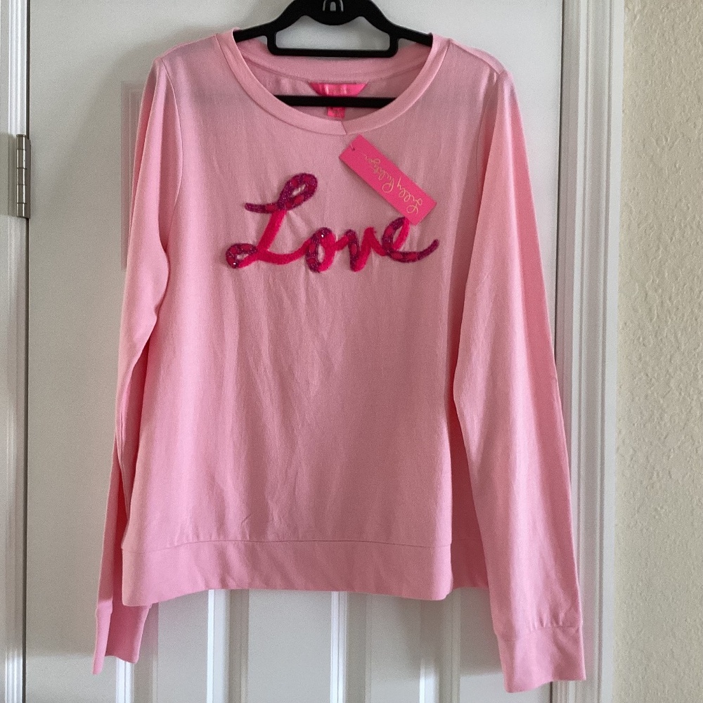 Lilly Pulitzer Cotton Rami Sweatshirt Pink Blossom 💕Love Graphic Embroidered M - Picture 3 of 14